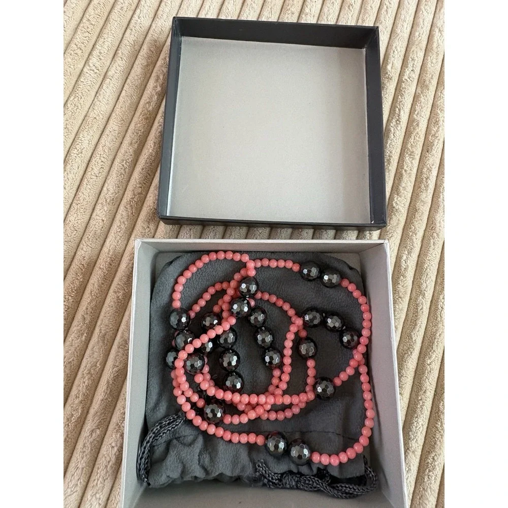 Vintage Hematite And Pink Coral Beaded Necklace 18‎ in Heavy High Quality